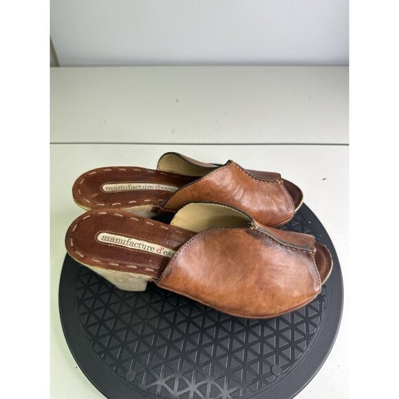 Manufacture D'essai Women’s  Brown Leather Wooden Heel Clog Sz 37 / 7 US - Picture 2 of 8